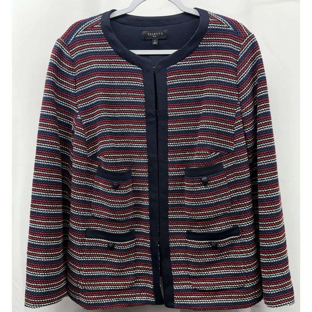 Talbots Plus Size X Blue Red Stripe‎ Tweed Enameled Pocket Buttons Hook & Eye